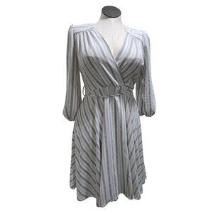 Calvin Klein Womens Wrap Dress With Puff Sleeves & Striped Design Size 8 Polyest